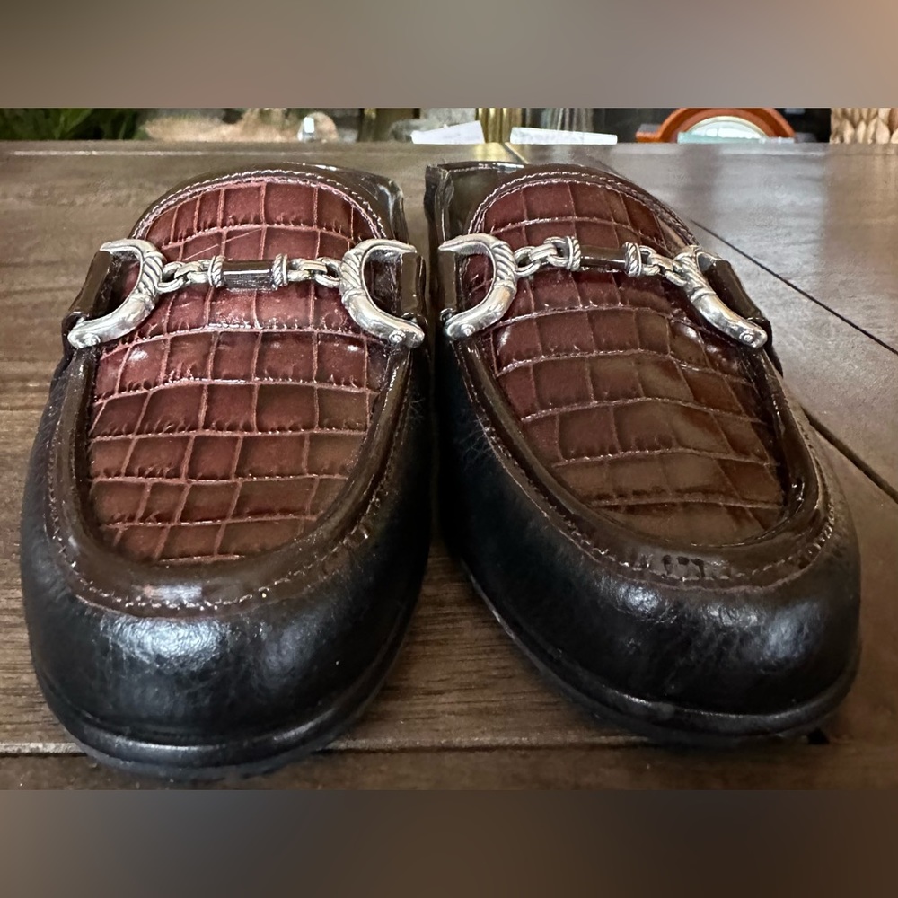 Brighton Austen Mules Brown Croc And Black Leather Open Back Slip On Sz 5 - Picture 5 of 13